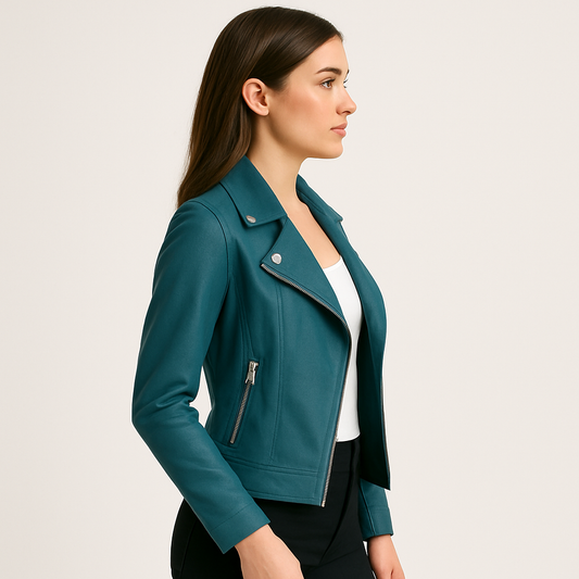 Women's PU Leather Biker Jacket – Zip Front – Metal Hardware