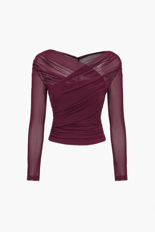 Ruched Wrap Mesh Top
