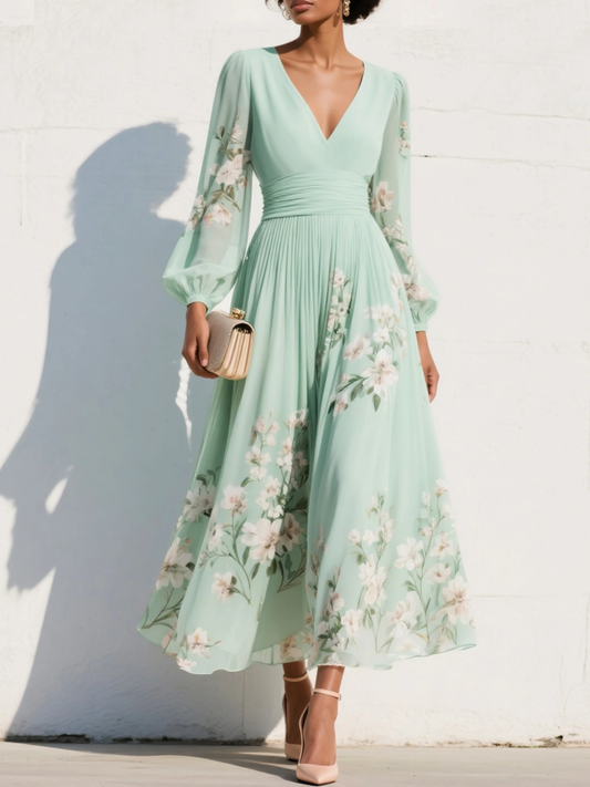 Embroidered Chiffon V-Neck A-Line Midi Dress