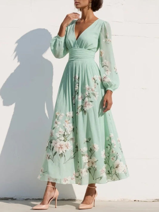 Embroidered Chiffon V-Neck A-Line Midi Dress