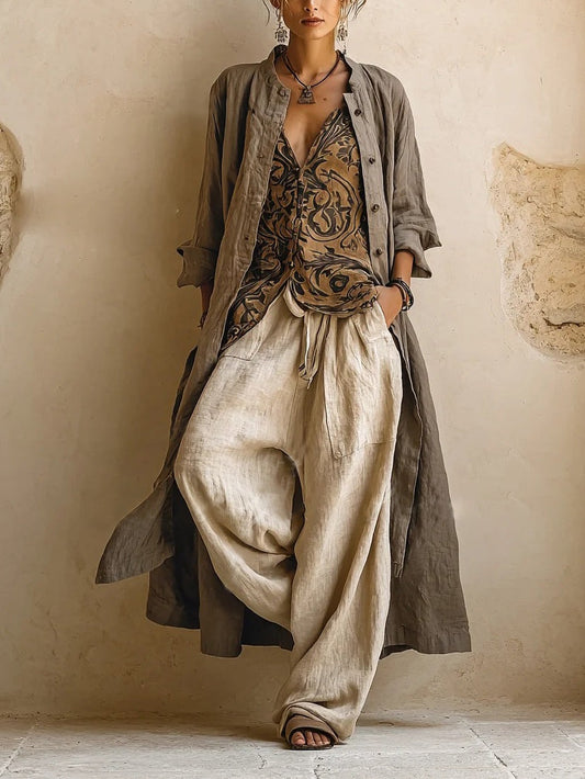 Three Piece Printed Top Trouser And Cardigan Set