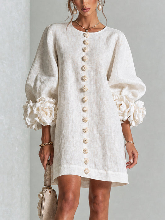 Puff Sleeve Linen Blend Mini Shift Dress