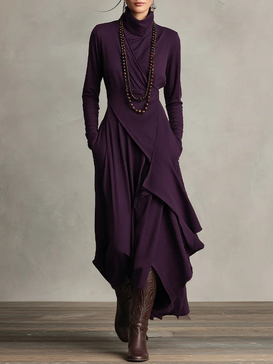 Asymmetrical Draped Turtleneck Maxi Dress