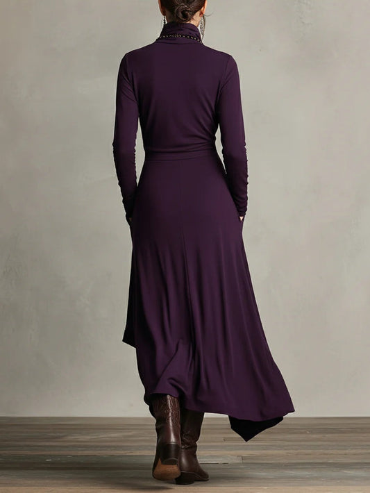 Asymmetrical Draped Turtleneck Maxi Dress