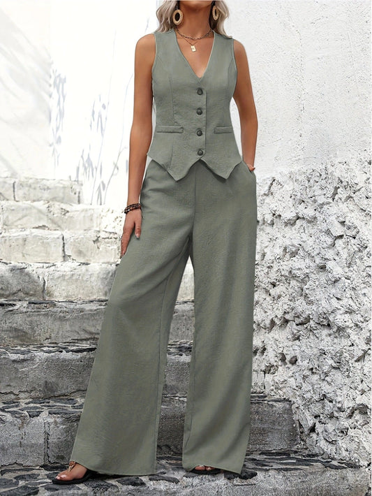 V-Neck Vest Wide Leg Two Piece Set