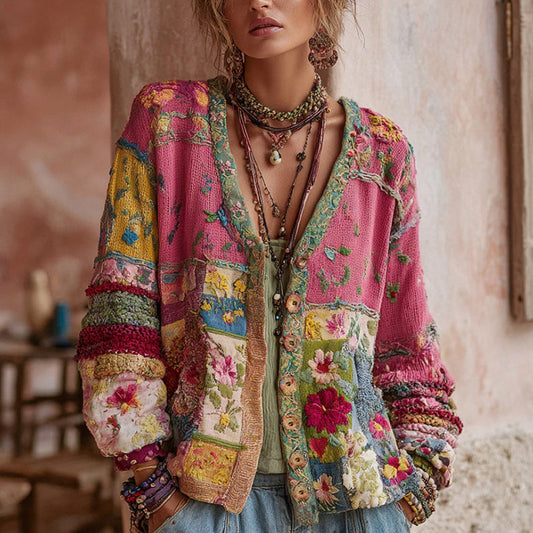Floral Embroidery V Neck Knit Cardigan