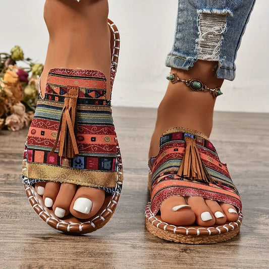 Women's Orthopedic Flat Tassel Sandals With Whipstitch Detail