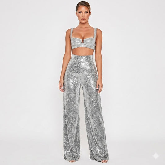 High Waist Glitter Wide Leg Pants