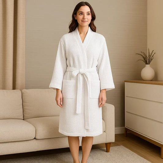 Pure Cotton Waffle Robe With V Neckline