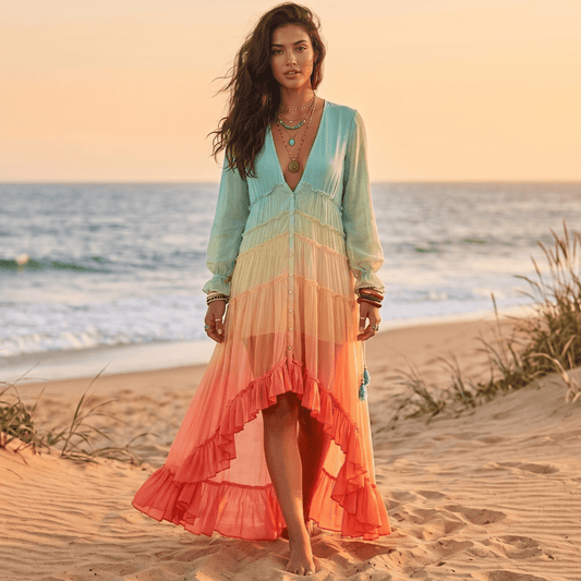 Tiered Ruffle High Low Rainbow Maxi Dress
