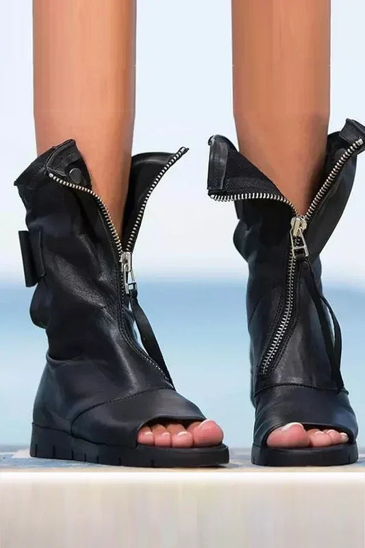 Women's Open Toe Front Zip Flat Ankle Boots