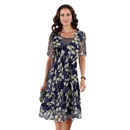 Floral Short Sleeve A-Line Midi Dress
