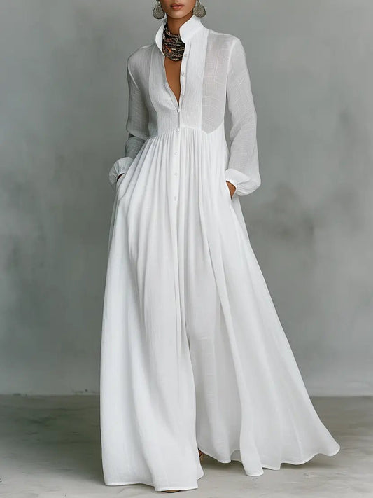 Cotton Mandarin Collar Button Through Maxi Dress
