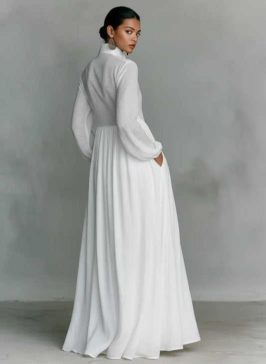 Cotton Mandarin Collar Button Through Maxi Dress