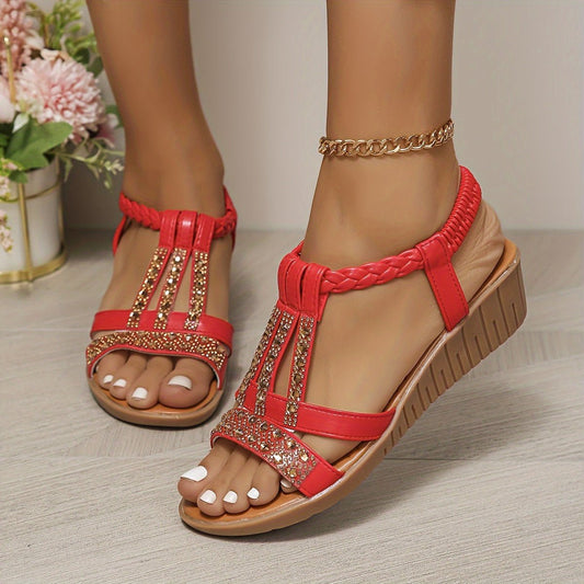 Rhinestone T-Strap Orthopedic Wedge Sandals with Braided Ankle Strap