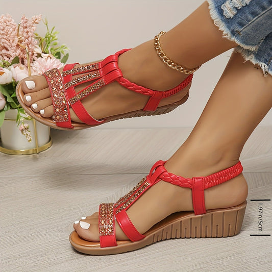 Rhinestone T-Strap Orthopedic Wedge Sandals with Braided Ankle Strap