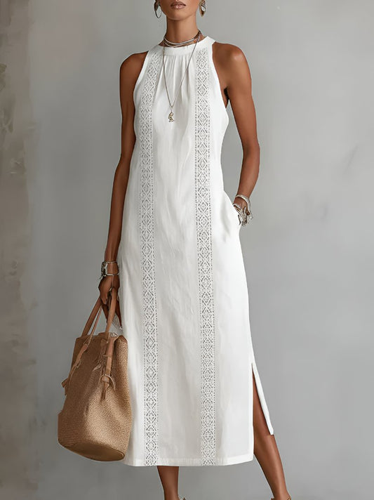 Sleeveless Embroidered Round Neck Midi Dress