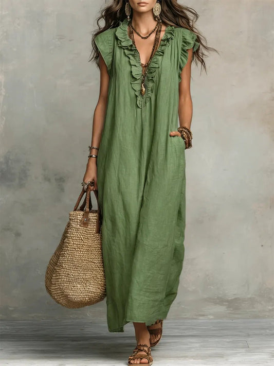 Ruffled Flutter Sleeve V-Neck Maxi Dress