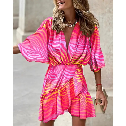 Abstract Print Ruffle Hem Wrap Mini Dress