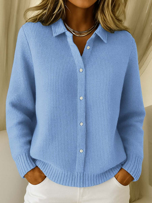 Cardigan for Women - Blue Cotton Blend Collar Button-Down - Casual & Office