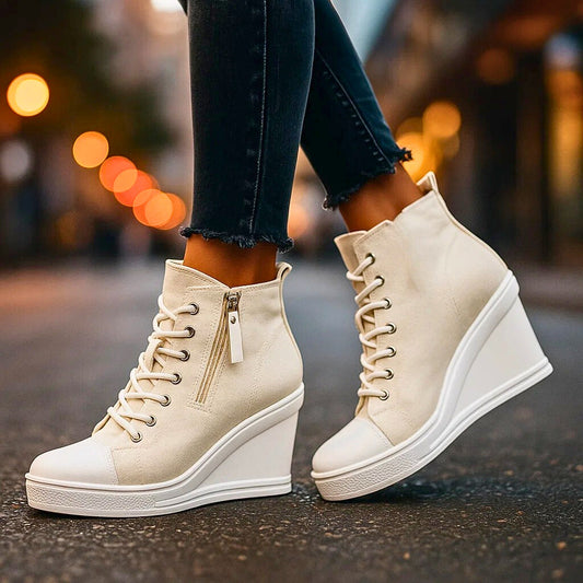 Lace Up Canvas Platform Sneakers With Side Zip