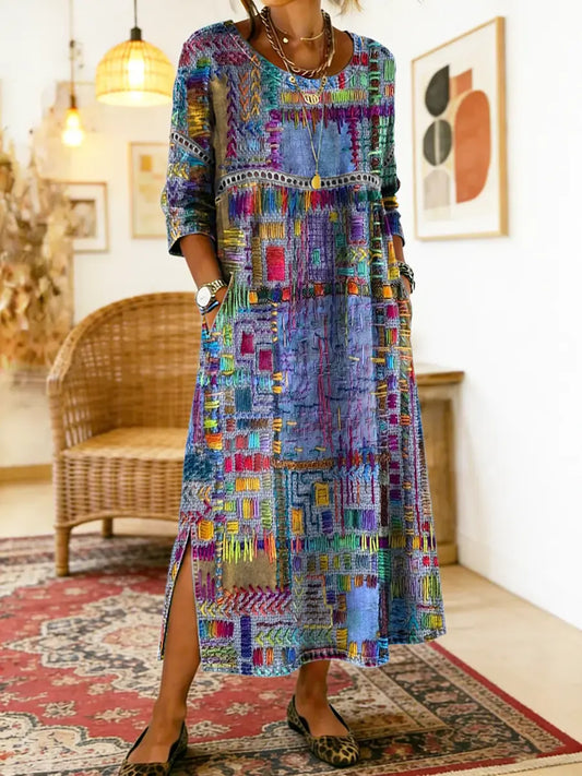 Patchwork Print Loose Fit Denim Dress