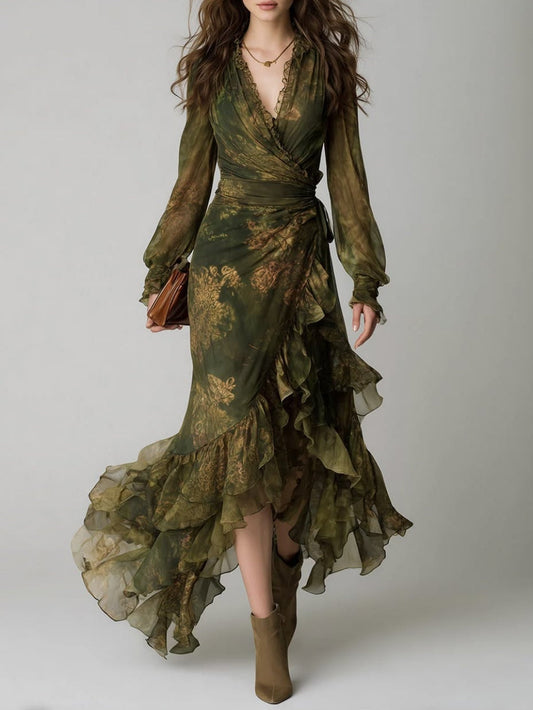 Women's Floral Print Wrap Maxi Dress With Ruffle Tiers