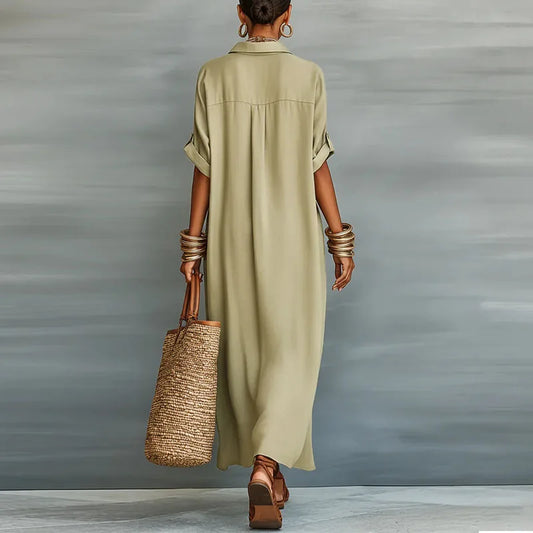Collared Button Front Maxi Shirt Dress