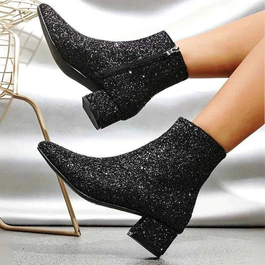 Glitter Block-Heel Party Ankle Boots