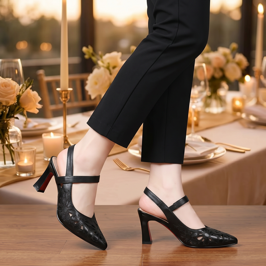 Floral Cut Out Pointed Toe Slingback Heels