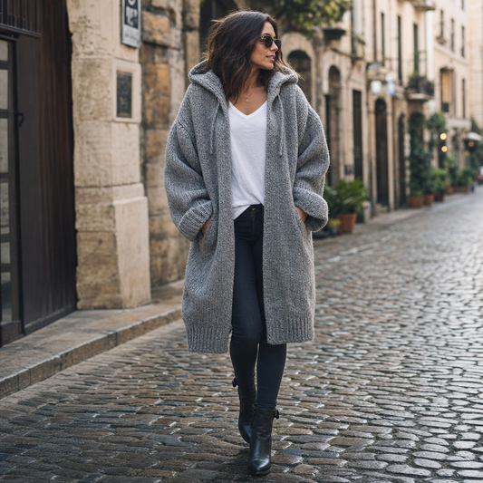 Women's Oversized Long Hooded Knit Cardigan - street style shot