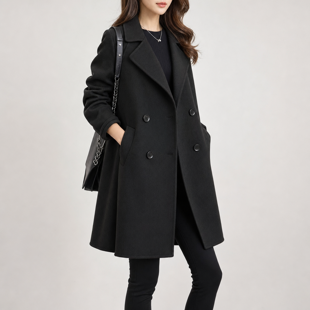 Double-Breasted Long Trench Coat With Lapel - studio shot