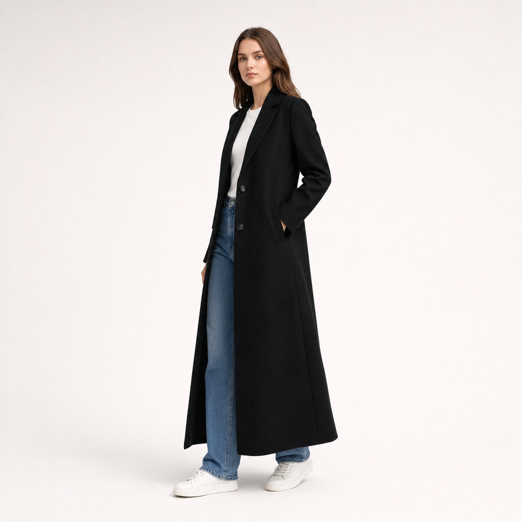 Black Tailored Long Maxi Coat - studio shot