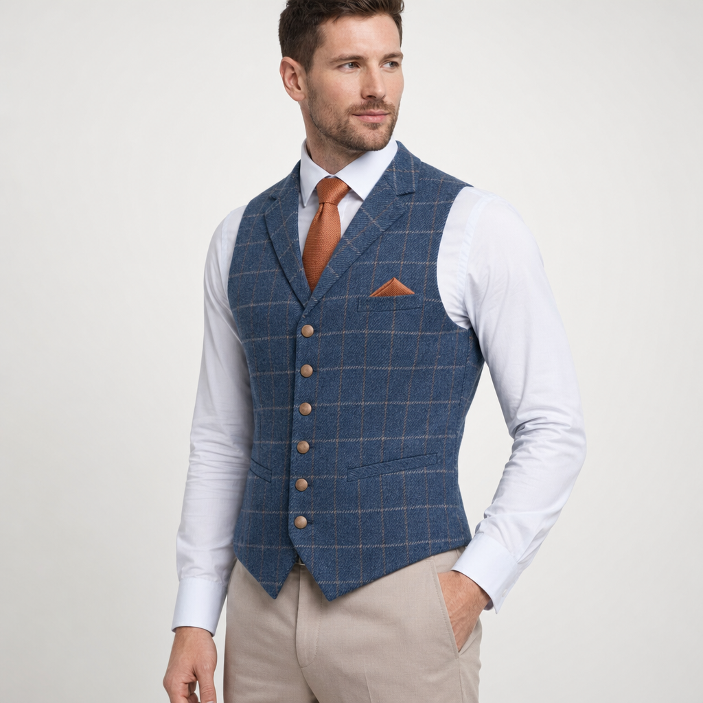 Men's Plaid Lapel Waistcoat with Chest Pocket - studio shot