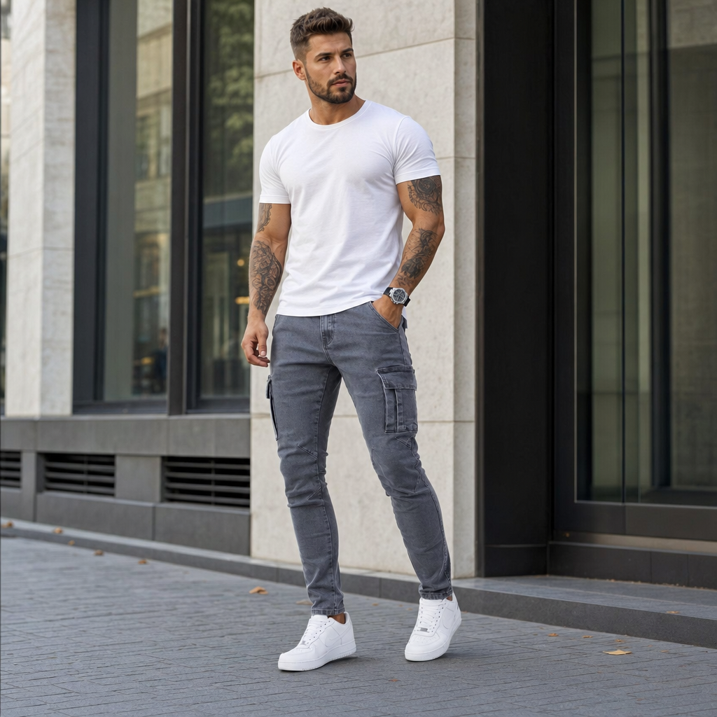 Men's Slim Fit Street Cargo Denim Jeans - lifestyle shot