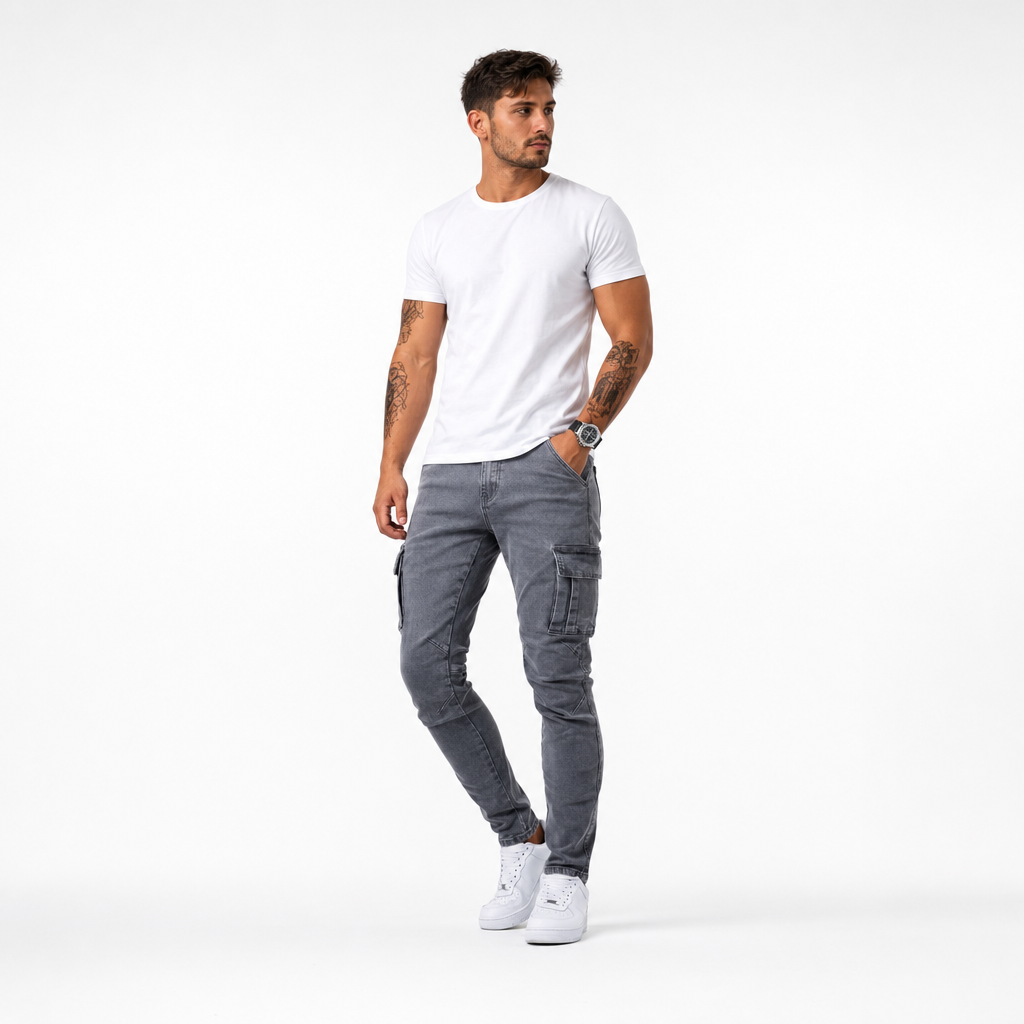 Men's Slim Fit Street Cargo Denim Jeans - studio shot