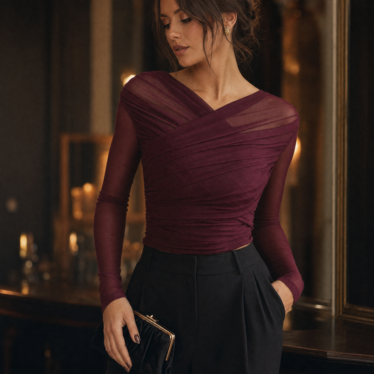 Ruched Wrap Mesh Top