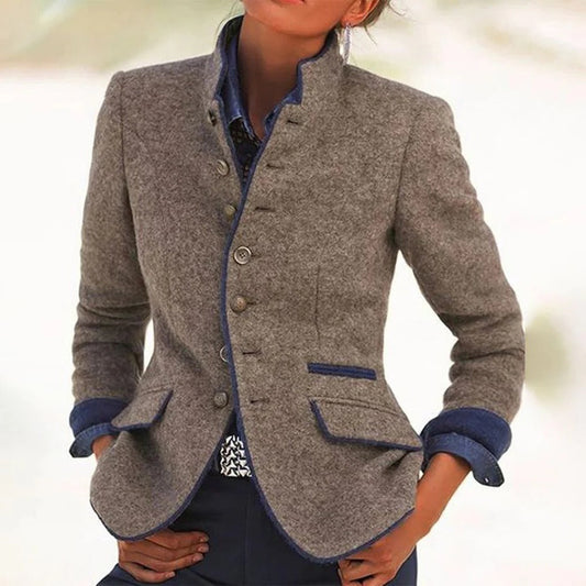 Stand Collar Two-Tone Button-Front Blazer
