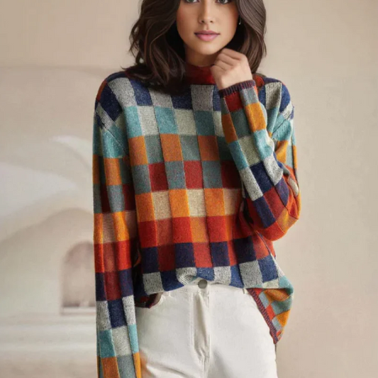 Check Pattern Crew Neck Knit Sweater