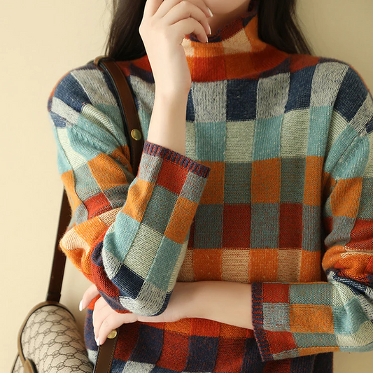 Check Pattern Crew Neck Knit Sweater