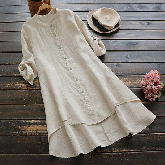 Women's Linen Button Down Shirt Dress With Layered Hem