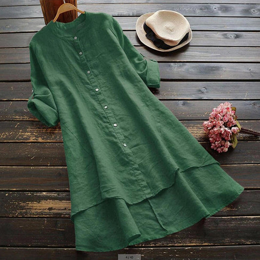 Women's Linen Button Down Shirt Dress With Layered Hem