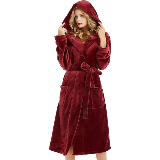 Women's Hooded Long Fleece Bathrobe With Pockets