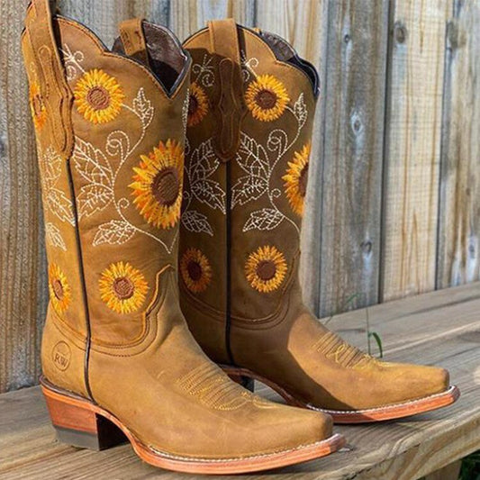 Laura Women's Embroidered Sunflower Mid-Calf Cowboy Boots