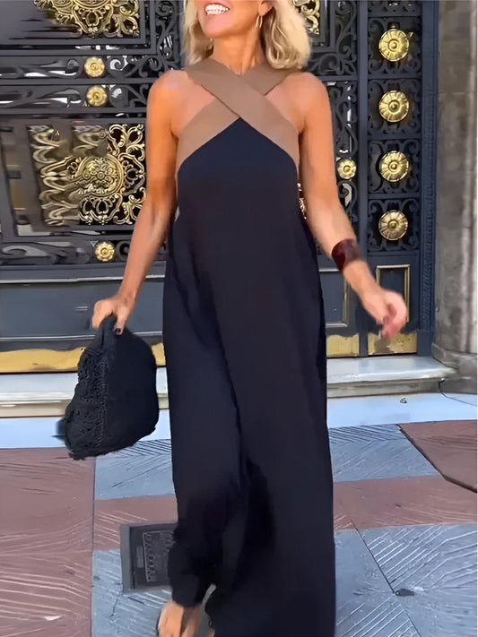 Crossover Neckline Breathable Flowing Maxi Dress
