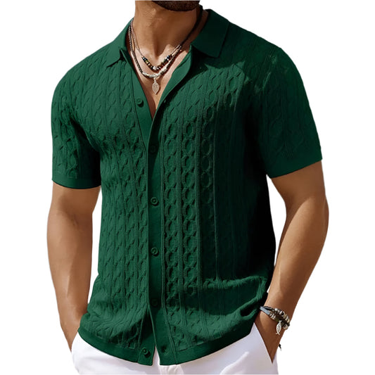 Men's Textured Button-Down Polo Shirt