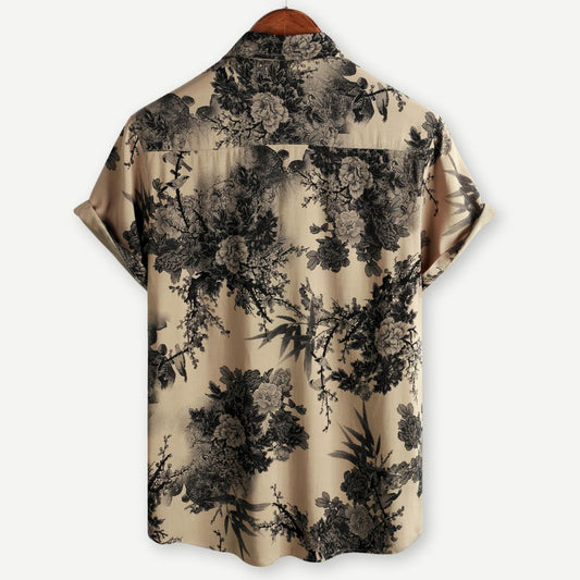 Men's Vintage Floral Short Sleeve Shirt with Roll Cuffs