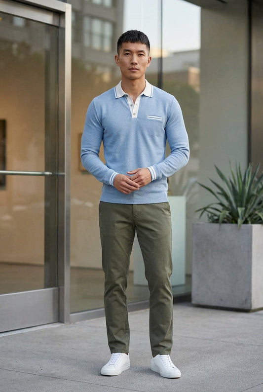 Men's Long Sleeve Polo Shirt With Contrast Collar Detail