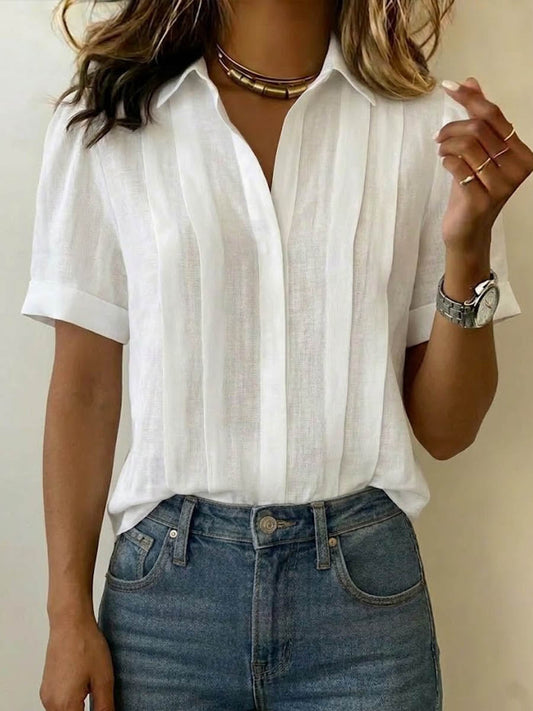 Relaxed Fit Linen Blouse With Pleated V Neck