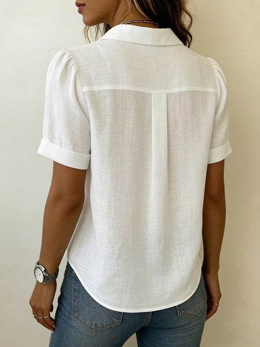 Relaxed Fit Linen Blouse With Pleated V Neck
